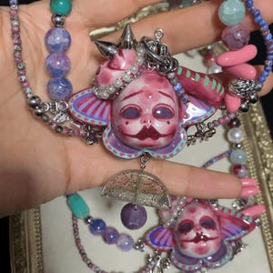 Handmade Pastel Goth Jewelry Set, Pink Gothic Necklace, Dollcore Y2K Earrings, Alternative Gothic Accessories image 9