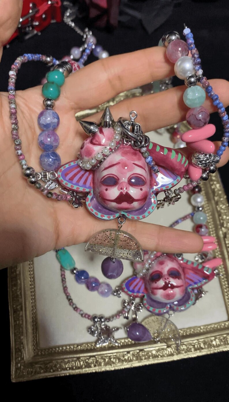 Handmade Pastel Goth Jewelry Set, Pink Gothic Necklace, Dollcore Y2K Earrings, Alternative Gothic Accessories image 9