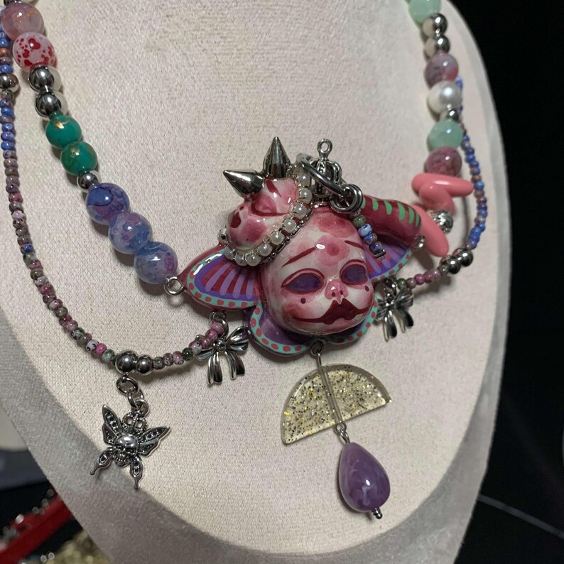 Handmade Pastel Goth Jewelry Set, Pink Gothic Necklace, Dollcore Y2K Earrings, Alternative Gothic Accessories image 17
