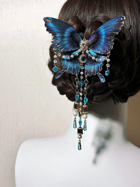 Blue Butterfly Hair Clip, Gothic Hair Accessory, Fantasy Birthday Gift, Fairy Cosplay Jewelry