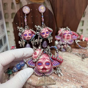 Handmade Pastel Goth Jewelry Set, Pink Gothic Necklace, Dollcore Y2K Earrings, Alternative Gothic Accessories image 3