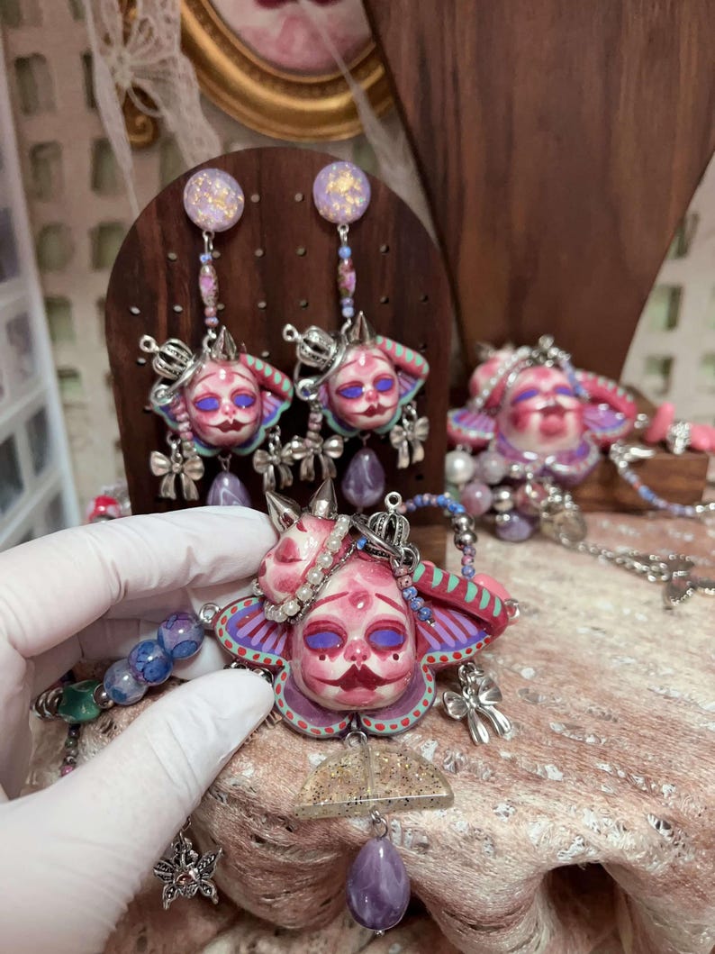 Handmade Pastel Goth Jewelry Set, Pink Gothic Necklace, Dollcore Y2K Earrings, Alternative Gothic Accessories image 3