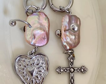 Punk Pearl Earrings, Grunge Spike Pierced Baroque Pearl Dangles, Goth Valentine Gift, Alternative Jewelry