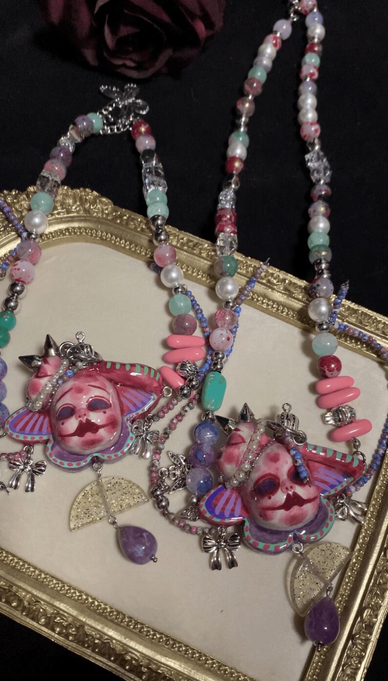Handmade Pastel Goth Jewelry Set, Pink Gothic Necklace, Dollcore Y2K Earrings, Alternative Gothic Accessories image 8