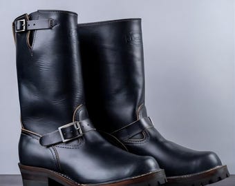Handmade Engineer  Boots Mens Black  Oil Tanned  FullGrain  Genuine Leather cowboy boots