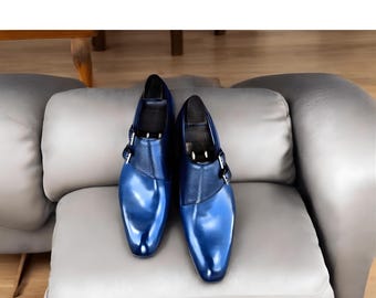 Handmade single monk strap shoes Two Tone Blue cowhide Leather Monk Strap Formal Fashion mens shoes, gift for him