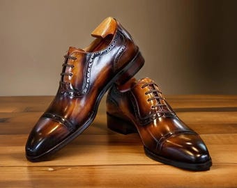 mens Oxford shoes made to your measurement, handmade hand painted patina cap toe brogue | wedding shoes, giftsforhim