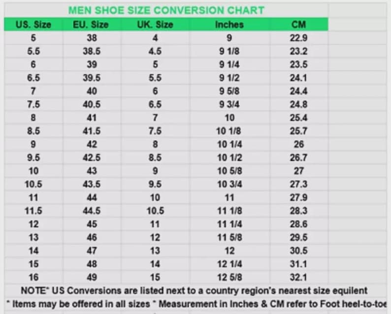 Peut inclure: Un tableau de conversion des pointures avec un en-t&ecirc;te vert intitul&eacute; MEN SHOE SIZE CONVERSION CHART. Le tableau indique les tailles US, EU et UK ainsi que les mesures en pouces et en centim&egrave;tres. Une note en bas explique les conversions US.