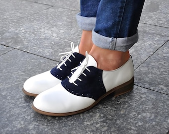 Saddle shoes womens made to your measurement handmade white leather navy suede Oxford lace ups | vintage shoes, gift for her