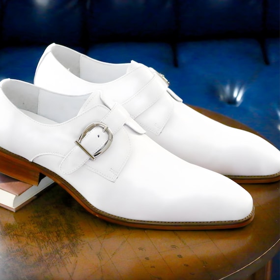 Handmade white Leather Monk Strap shoes Formal mens Dress Shoes, custom leather shoes men, gift for him