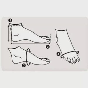 Peut inclure: Un dessin au trait noir et blanc illustrant comment mesurer un pied pour des chaussettes. Le sch&eacute;ma pr&eacute;sente quatre points num&eacute;rot&eacute;s : 1 pour la hauteur de la cheville, 2 pour la longueur du pied, 3 pour la circonf&eacute;rence et 4 pour la largeur.