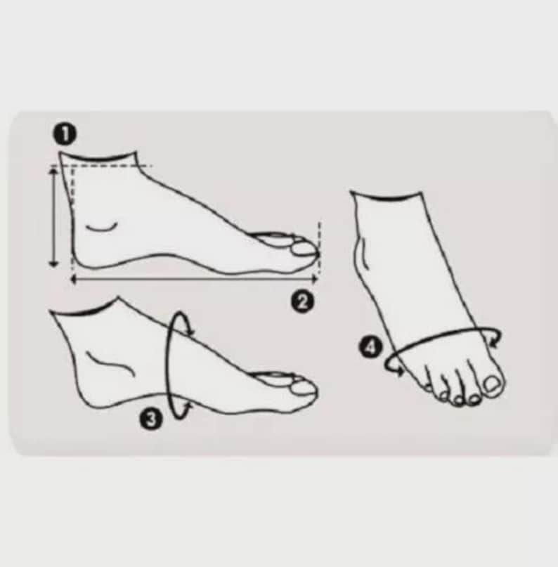 Peut inclure: Un dessin au trait noir et blanc illustrant comment mesurer un pied pour des chaussettes. Le sch&eacute;ma pr&eacute;sente quatre points num&eacute;rot&eacute;s : 1 pour la hauteur de la cheville, 2 pour la longueur du pied, 3 pour la circonf&eacute;rence et 4 pour la largeur.