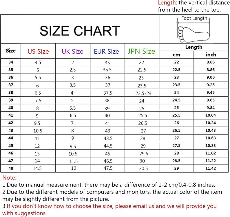 May include: A shoe size chart with measurements in inches and centimeters. The chart includes US, UK, EUR, and JPN sizes, with corresponding foot lengths ranging from 8.66 inches (22 cm) to 11.42 inches (29 cm).