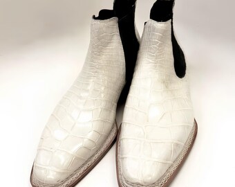 Handmade White Alligator Embossed Chelsea Boots for Men | Luxury Custom Leather Boots | Exotic Style Slip-On Ankle Boots