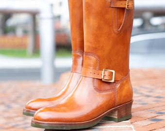 mens Engineer Boots | Handmade Leather Motorcycle Boots | Tall Biker Boots with Buckle Straps
