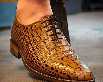 Handgemaakte Oxford-schoenen van krokodillenleer voor heren, bruinbruine herenschoenen, cadeau voor hem