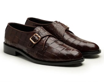 Handmade Brown Crocodile Leather Monk Strap Dress Boots | Men’s Luxury Formal Shoes