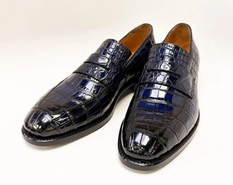 handmade  Alligator Embossed Leather Loafers  | Crocodile Pattern Leather Shoes | Slip On Penny Loafers