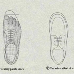 Peut inclure: Un diagramme illustrant deux styles de chaussures. Le premier, marqu&eacute; 1, montre le contour d'une chaussure pointue sur un pied. Le second, marqu&eacute; 2, montre le contour d'une chaussure &agrave; bout rond sur un pied, avec des lignes de rep&egrave;re.