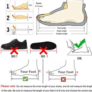 May include: Diagram illustrating how to measure foot length for shoe sizing. Includes step-by-step instructions with illustrations, a black shoe, and a foot outline. Text advises against measuring shoe or insole length.