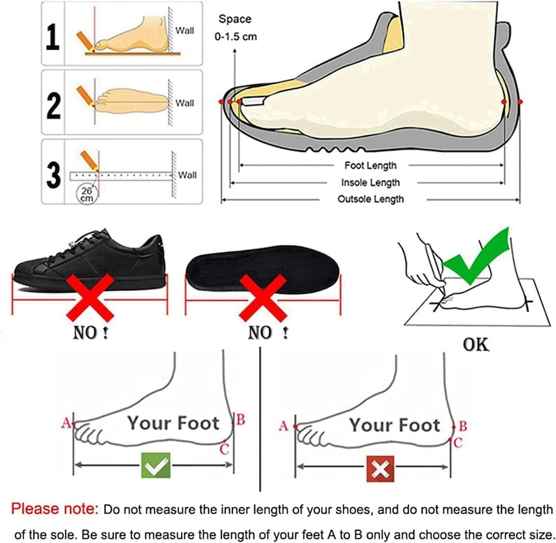 May include: Diagram illustrating how to measure foot length for shoe sizing. Includes step-by-step instructions with illustrations, a black shoe, and a foot outline. Text advises against measuring shoe or insole length.