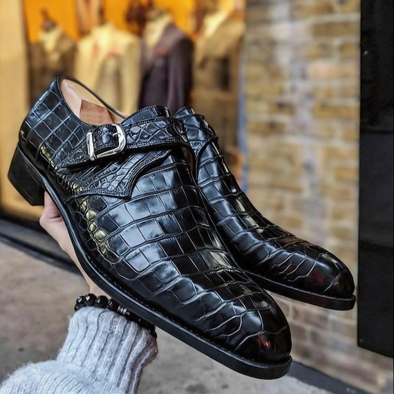 Handmade leather shoes, Alligator Embossed Leather pattern, Single Monk Strap Shoes For Men