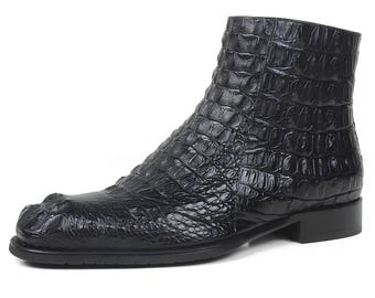 Handmade Black Alligator Embossed Side Zip Boots for Men |  Exotic Leather Ankle Boots | Custom Crocodile Pattern mens Boots