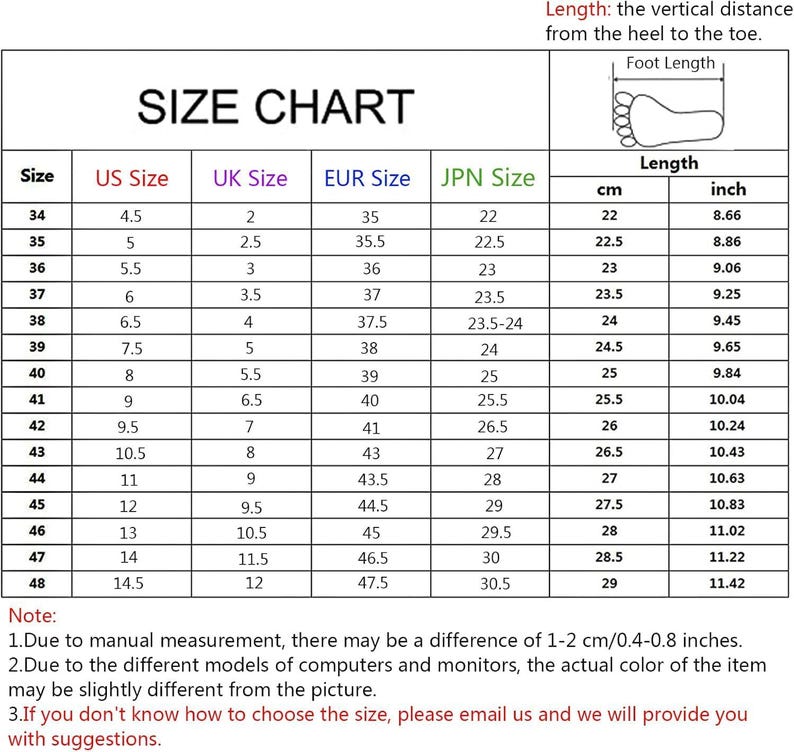 May include: A shoe size chart with measurements in inches and centimeters. The chart includes US, UK, EUR, and JPN sizes, with corresponding foot lengths ranging from 8.66 inches (22 cm) to 11.42 inches (29 cm).