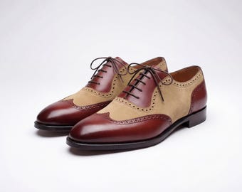 Handgemaakte bruine leren formele herenschoenen, tweekleurige geklede schoenen met vleugeltip