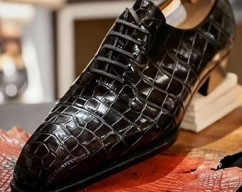 Handgemaakte schoenen zwarte alligatorleer krokodillenpatroon jurk veterschoenen heren oxford schoenen, trouwschoenen