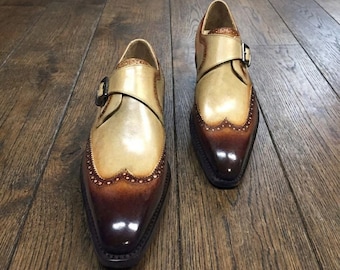 Handgemaakte tweekleurige enkele monniksleren schoenen | Wingtip brogue bruiloft oxfords