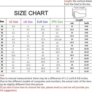 May include: A shoe size chart with measurements in inches and centimeters. The chart includes US, UK, EUR, and JPN sizes, with corresponding foot lengths. The chart also includes a note about manual measurement differences.