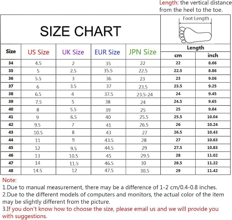 May include: A shoe size chart with measurements in inches and centimeters. The chart includes US, UK, EUR, and JPN sizes, with corresponding foot lengths. The chart also includes a note about manual measurement differences.