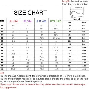 May include: A shoe size chart with measurements in inches and centimeters. The chart includes US, UK, EUR, and JPN sizes, with corresponding foot lengths ranging from 8.66 inches (22 cm) to 11.42 inches (29 cm).