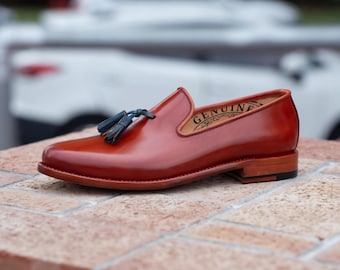 Burgundy Tassel Loafers Men | Handmade Leather Loafers | Mens Dress Shoes | Luxury Slip On Shoes | Formal Wedding Shoes