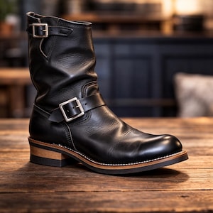 以下が含まれることがあります： シルバーのバックルとストラップが付いた黒い革のオートバイブーツ。 ブーツは丸いつま先、低いヒール、ステッチされたソールを備えています。 ブーツの高さは約25cmです。