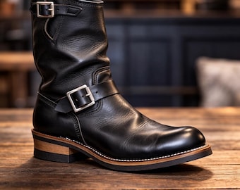 Ingenieurslaarzen heren Handgemaakte zwart leren motorlaarzen voor heren, halfhoge motorlaarzen met gesp, cadeau voor hem