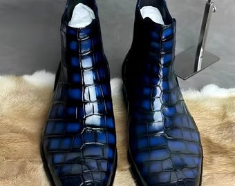 Luxury Handmade Alligator Embossed Chelsea Boots for Men | Hand Burnished Leather Boots | Custom Made Exotic Dress Boots | Slip On Boots