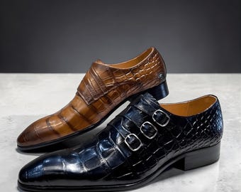 Triple monk strap shoes mens leather shoes – handmade alligator leather shoes | wedding shoes, gift for him