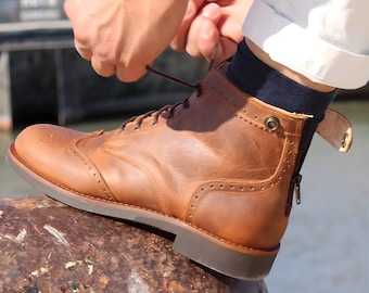 Enkellaarzen Wingtip leren herenlaarzen Op maat gemaakte handgemaakte bruinleren enkellaarzen, vintage motorlaarzen. motorlaarzen