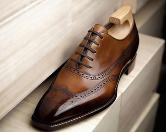 Zapatos de cuero hechos a mano, color marrón, estilo Oxford con cordones para hombre, zapatos formales con puntera alada.