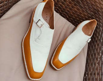 Two-Tone single Monk Strap leather shoes Men's Dress Shoes Handmade shoes made to your measurement