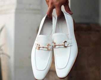 Zapatos hechos a mano, mocasines de cuero blanco para hombre, mocasines blancos sin cordones