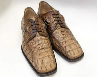 Camel Alligator Embossed mens Dress Shoes | Handmade Crocodile Pattern Lace Up Shoes | Exotic Style Derby Shoes