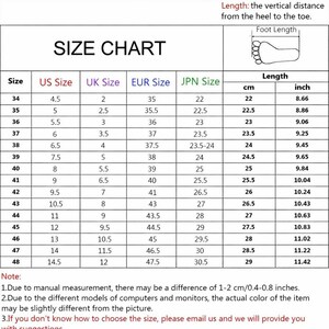 May include: A shoe size chart with US, UK, EUR, and JPN sizes, along with corresponding foot lengths in centimeters and inches. The chart includes sizes from 34 to 48, with foot lengths ranging from 22 cm (8.66 inches) to 29 cm (11.42 inches).
