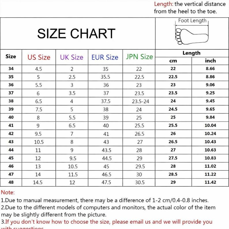 May include: A shoe size chart with US, UK, EUR, and JPN sizes, along with corresponding foot lengths in centimeters and inches. The chart includes sizes from 34 to 48, with foot lengths ranging from 22 cm (8.66 inches) to 29 cm (11.42 inches).