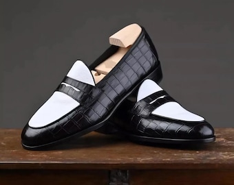 Handmade alligator leather loafers: Two-Tone White & black Slip On penny loafers, mens shoes