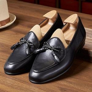 Men's Black Woven Tassel Loafers, Handmade Leather Shoes – Custom Slip On Moccasin, Wedding Shoes for Men
