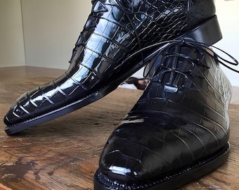 handmade alligator leather printed oxfords shoes for men, black  Crocodile embossed shoes