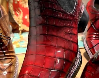 Handmade alligator boots Men's Red Crocodile Embossed Chelsea Boots: Oxblood Slip On Ankle Boots